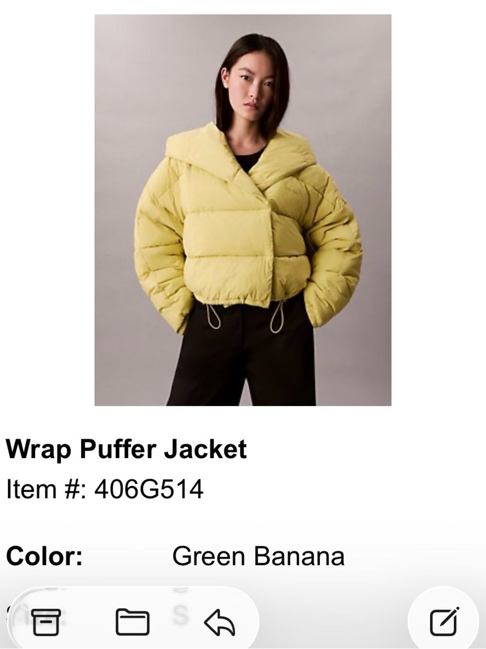 Calvin Klein Cropped Wrap Puffer Jacket — Light Yellow